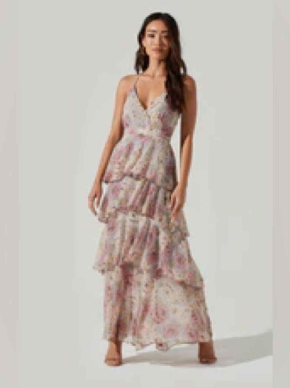 ASTR Dusty Rose and Light Blue Floral High-Low Tiered Maxi Dress - Picture 5 of 5